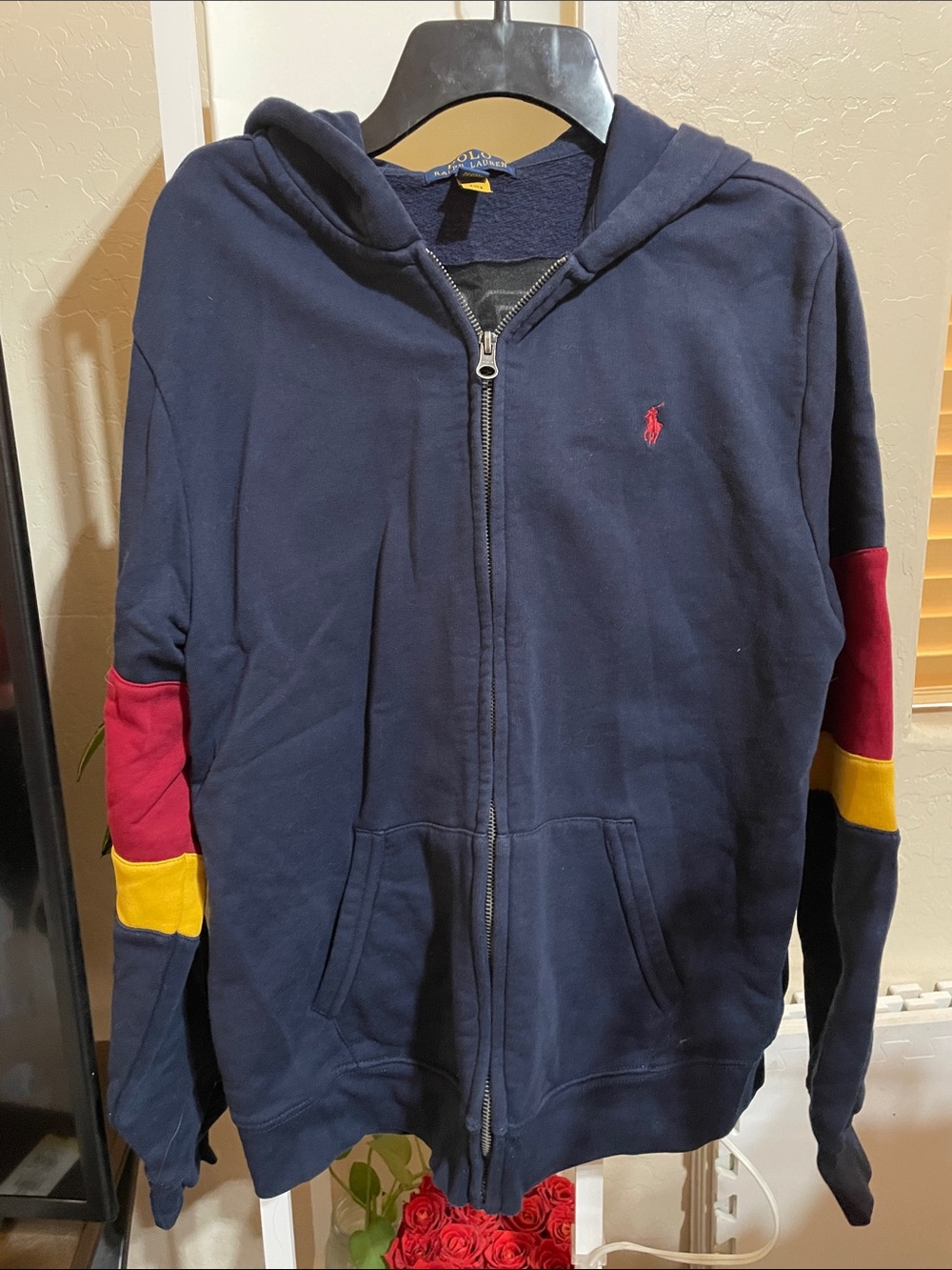 Polo by Ralph Lauren Navy Zip Hoodie with Red and Yellow Sleeve Panels